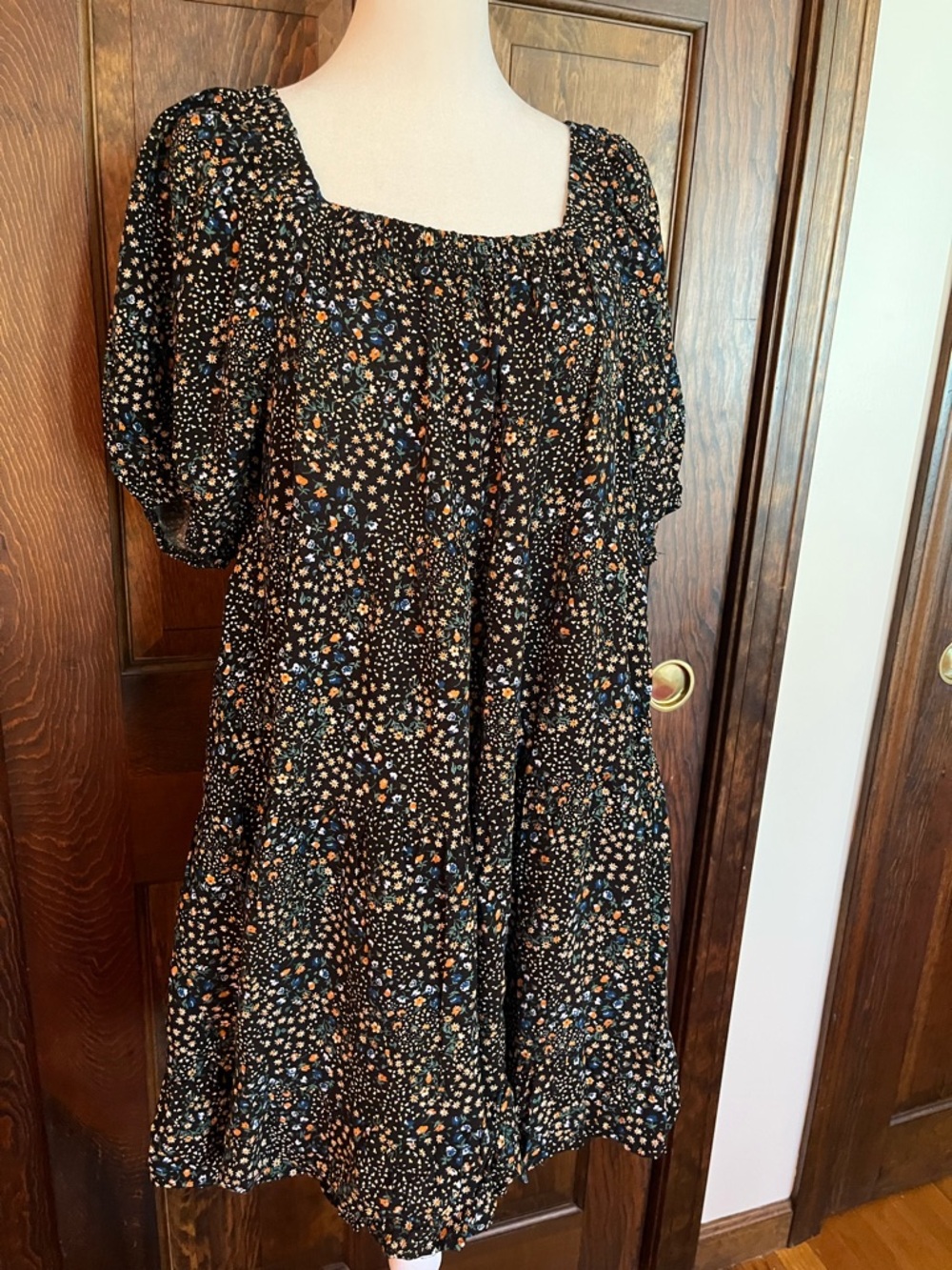 wild fable Black Mini Dress with Blue, Orange & Cream Floral Print